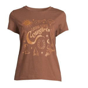 Juniors’ Long Live Cowgirls Graphic Brown Tee with Glitter & Short Sleeves NWT